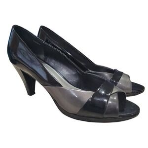 Impo Vibe Women's Peep Toe Heels 7.5 M Black Pewter‎ Patent Dress Shoes w/ Box